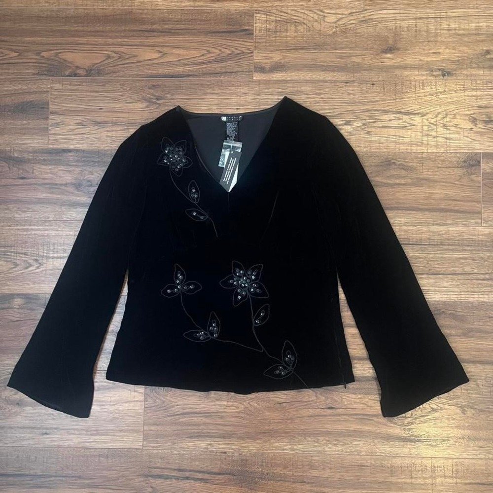 New Deadstock Vintage Black‎ Silk Velvet Beaded Blouse Women Large Whimsygoth
